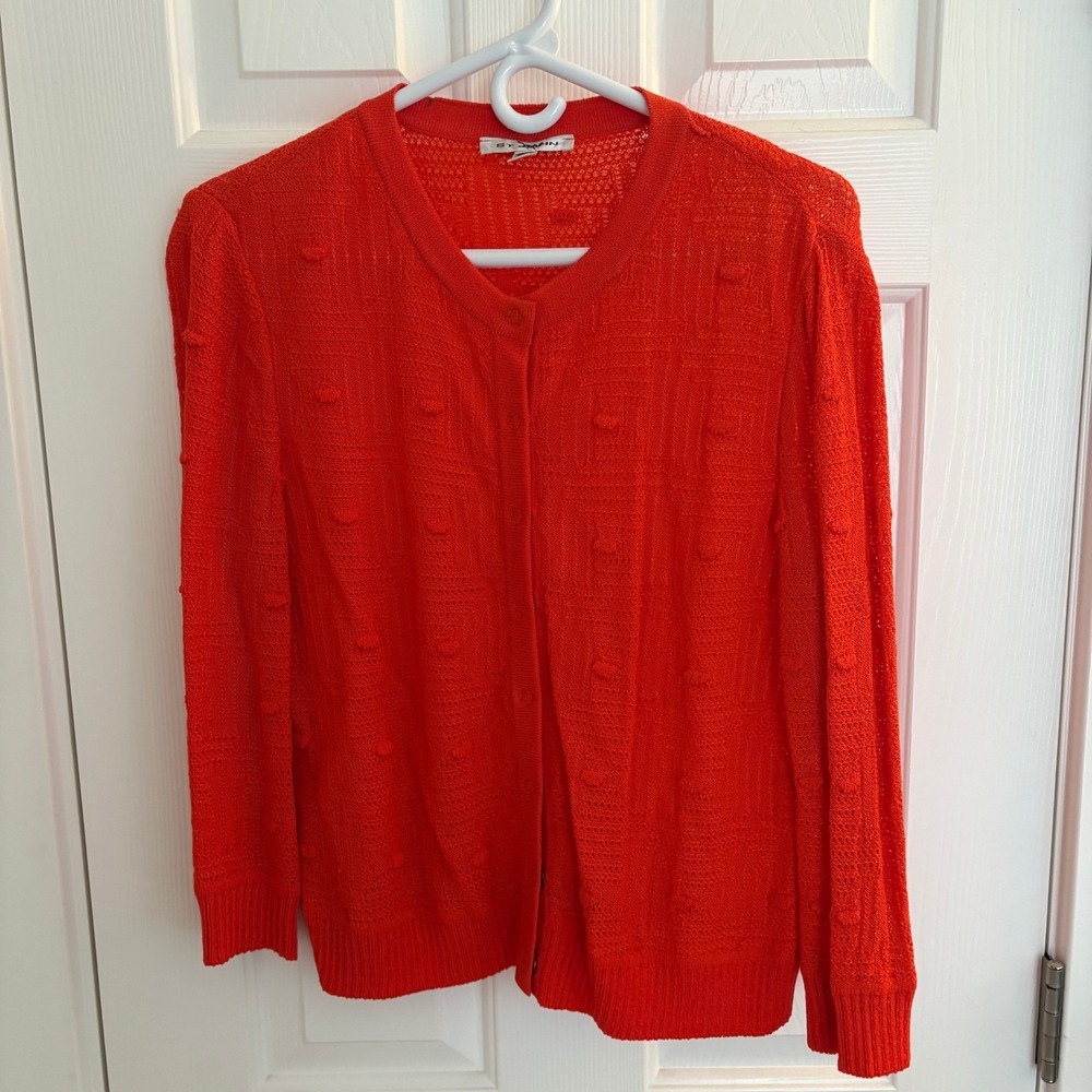 St. John Textured Bobble Knit Cardigan Womens Medium Orange Wool Blend Preppy